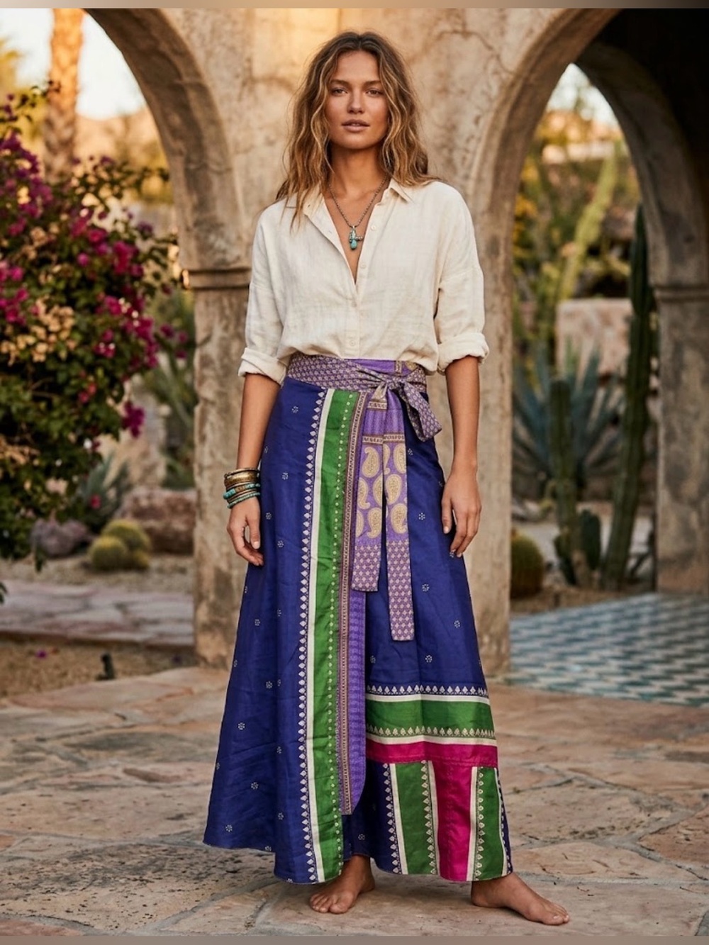 Bohemian Maxi Wrap Skirt in Blue with Green & Pink Panels